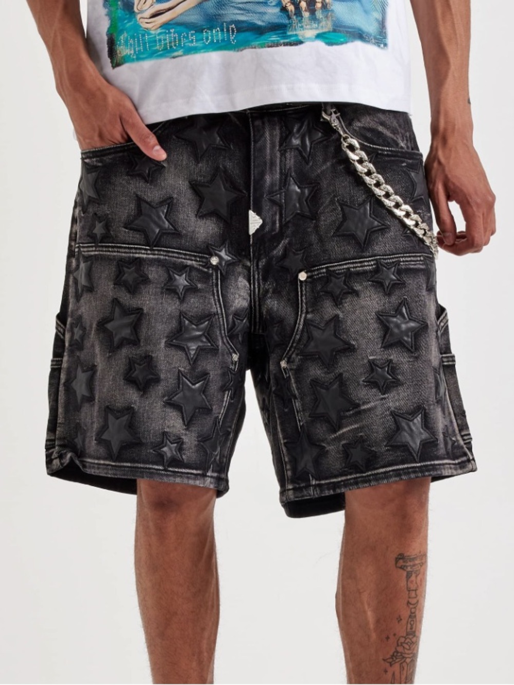 Guapi NWT Men’s Obsedian PU Stars Chain Shorts Sz 30